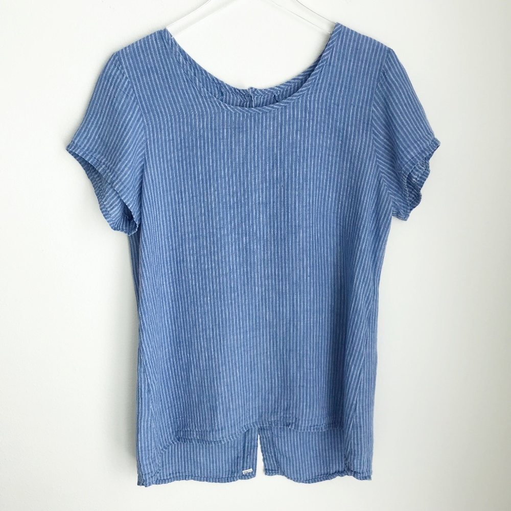 Flax Linen Blue Striped Short Cap Sleeve Top Size P/4-6 Button Back Lagenlook